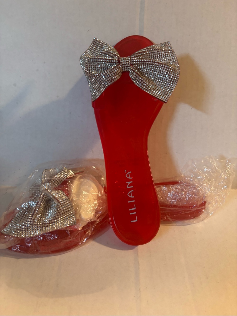 Liliana Red Slide jelly Sandals with Rhinestone Bow